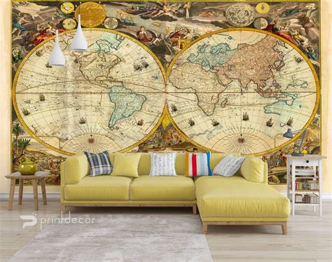 Colorful Old World Map Wall Mural Old Map Wallpaper Vintage Etsy
