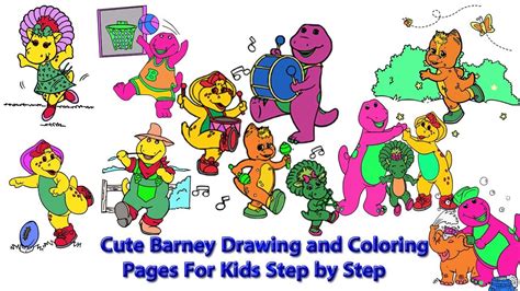 Cute Barney Drawing And Coloring Pages For Kids Step By Step Youtube