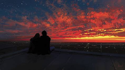 Download Aesthetic Couple Watching Sunset Wallpaper
