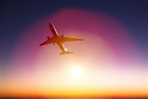 Airplane With Beautiful Orange Sunset Background Stock Image Image Of