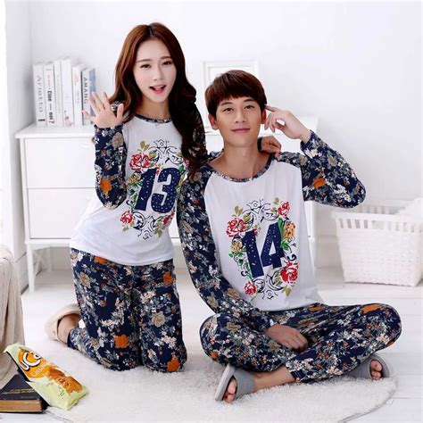 2017 Spring Autumn Flower Print Couple Pajama Sets Women Pyjama Men