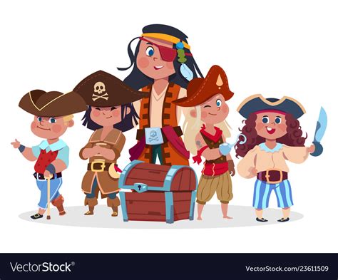 Pirates Kids Team And Treasure Chest Royalty Free Vector