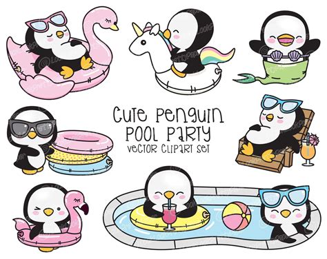 A collection of kawaii penguins with hats, scarves, ear warm.s, invitations, planner stickers and scrapbooking clipart. Premium Vector Clipart - Kawaii Penguin - Cute Penguin Pool Party Clipart - Pool Party - Instant ...