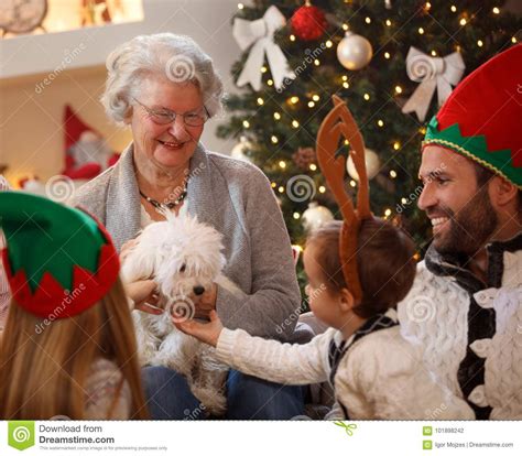 Grandchild And Grandparents Celebrating Christmas Stock Photo Image