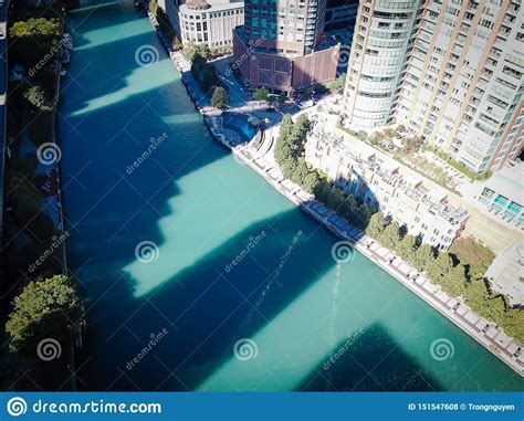 Top View Skyline And Office Buildings Along Chicago River Stock Photo