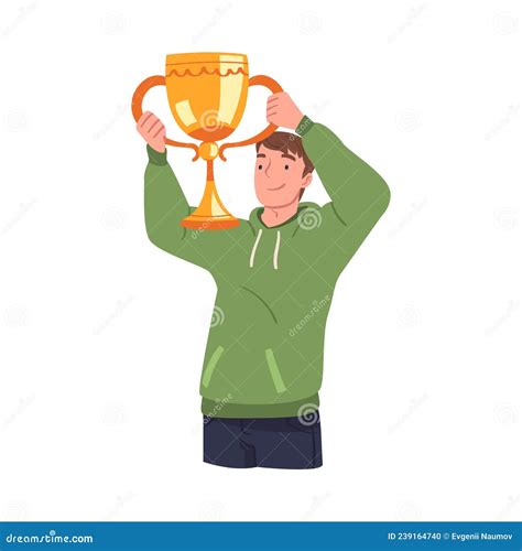 Man Winner Holding Golden Cup As Trophy And Award Vector Illustration