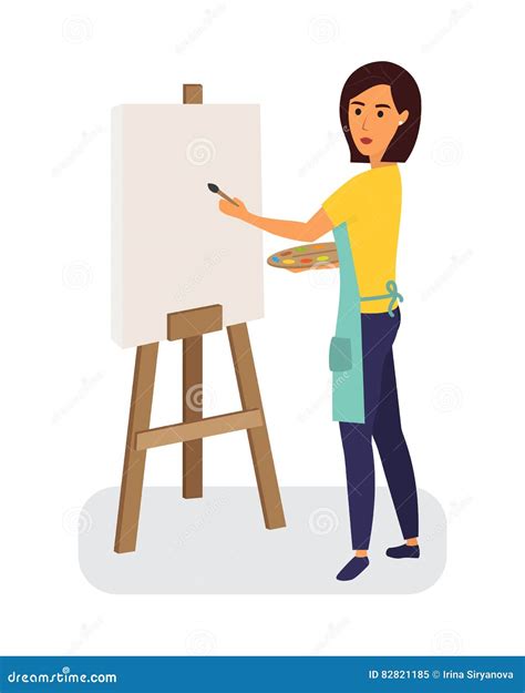 Female Painter Drawing On A Canvas Creative Profession Stock Vector