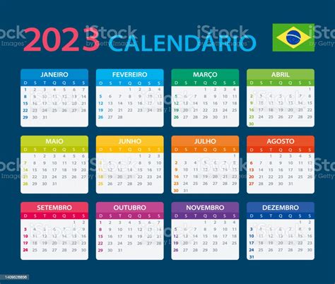 Vetores De Modelo Vetorial Do Calendário Cor 2023 Versão Brasileira E