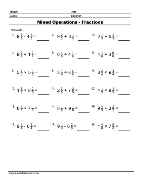 Mixed Operations With Fractions And Mixed Numbers Worksheet Pdf