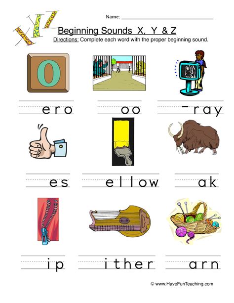 beginning sounds x y z pictures worksheet by teach simple