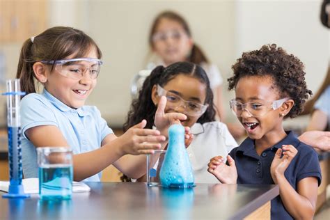 Excited Girls Using Chemistry Set Together In Elementary Science Classroom Funnel Science