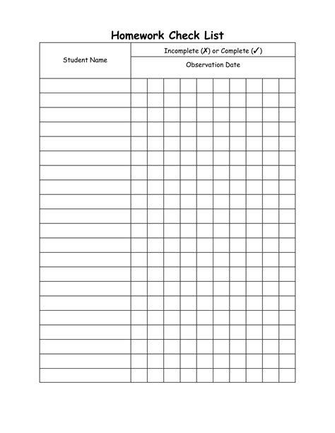 Printable Homework Log Template