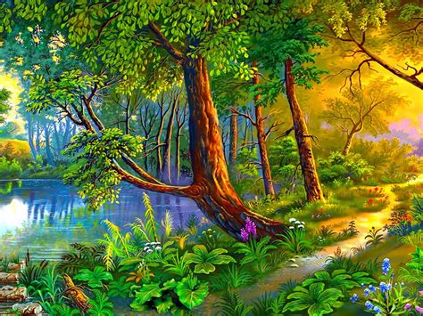 Beautiful Landscape Art Images Summer Painting Forest Trees Path River