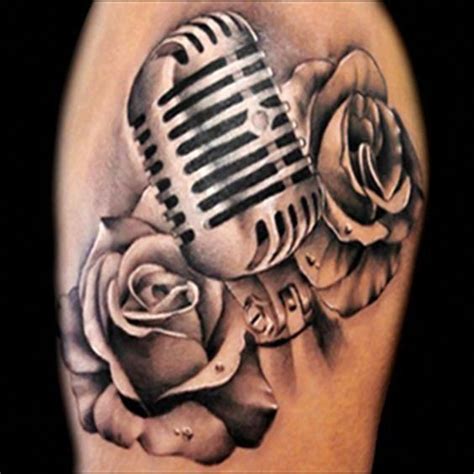 Realistic Microphone And Roses Tattoo Done In Black And Grey By Brandon
