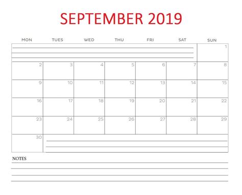 September 2019 Blank Template Calendar With Images September