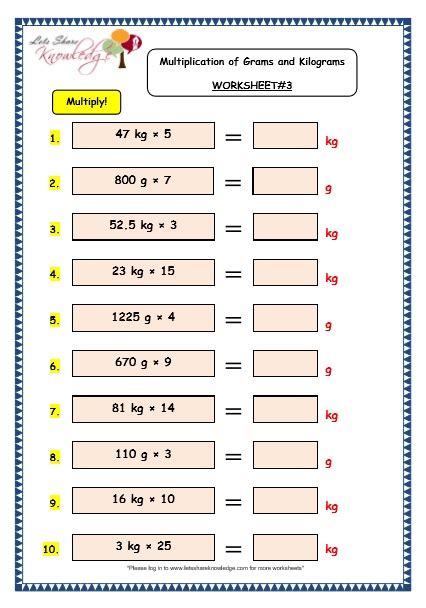 Grade 3 Maths Worksheets 125 Multiplication Of Grams And Kilograms