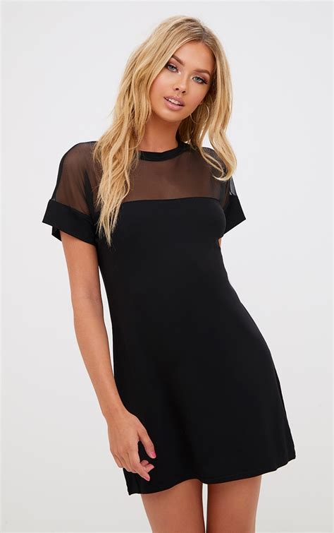 Black Jersey And Mesh T Shirt Dress Dresses Prettylittlething Aus