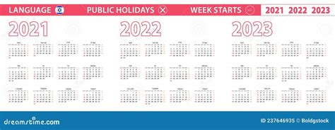 2021 2022 2023 Year Vector Calendar In Hebrew Language Week Starts