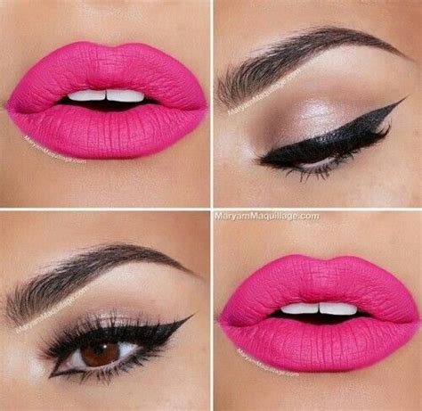 Beige Cream Eye Shadow With Winged Eyeliner Bright Pink