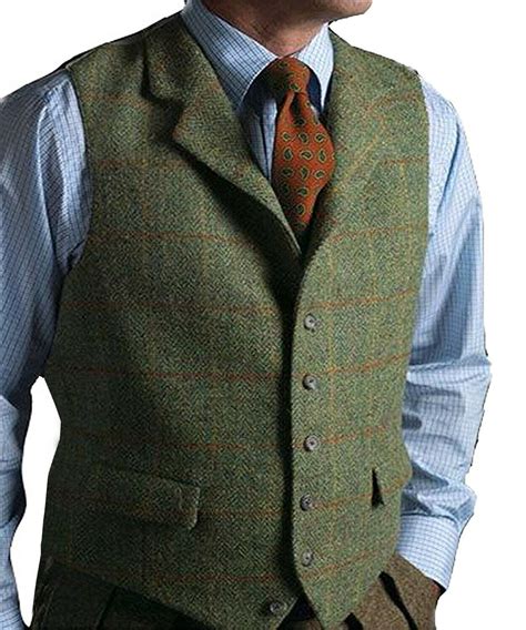 Mens Tweed Waistcoat Green Lapel Plaid Suit Wool Vest Windowpane