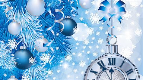 White Blue Christmas Ornaments Clock Snowflake Snowflake Hd Wallpaper