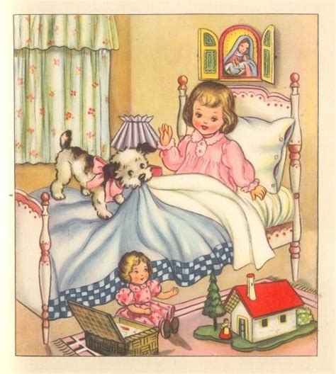 Vintage Childrens Book Illustration A Childin Her Bedroom With Her