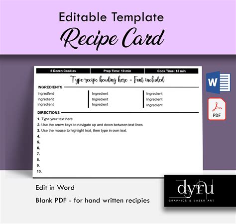 Editable Recipe Card Template Editable In Word Printable 4x6 Inch