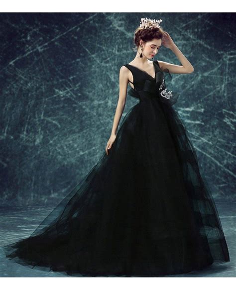 Black Ball Gown V Neck Court Train Tulle Wedding Dress With Open Back