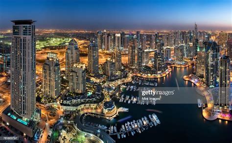 Aerial View Of The Cityscape Of Dubai United Arab Emirates At Dusk With