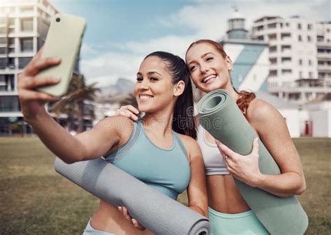 Yoga Fitness And Selfie With Woman Friends In The Park Together For