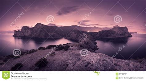 Beautiful Night Landscape With Mountains Sea And Starry