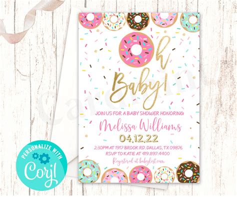 Editable Donut Baby Shower Invitations Pink And Gold Oh Baby Etsy