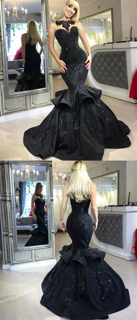 Mermaid Bateau Black Satin Prom Dress With Appliques Ruffles Promdresses Eveninggowns Black