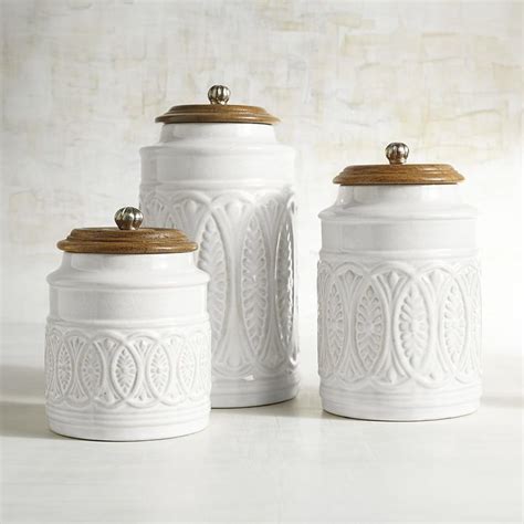 Set Of 3 White Kitchen Storage Canisters With Wood Accented Lidstops
