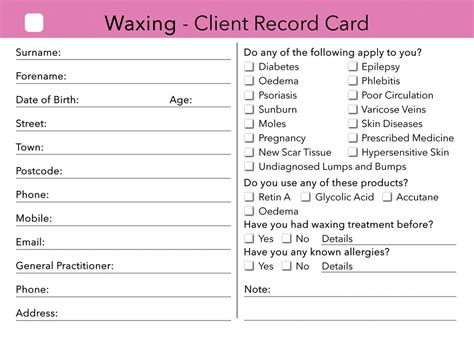 Waxing Client Card Client Record Card Treatment Consultation Card Beauty Stationery