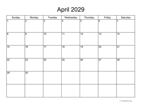 Basic Calendar For April 2029