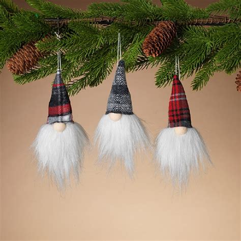 Holiday Gnomes With Plaid Hats Plush Christmas Tree Ornaments Set Of 3