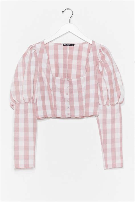 Gingham Puff Sleeve Square Neck Cropped Blouse Nasty Gal