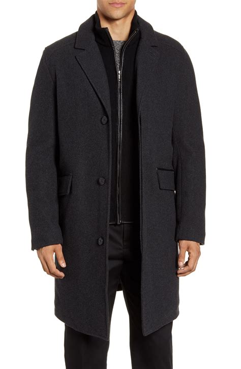Cole Haan Wool Blend Overcoat With Knit Bib Inset In Charcoal Gray