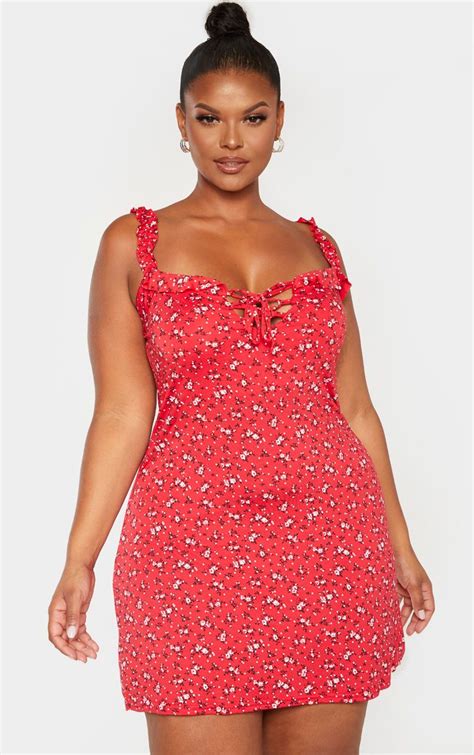 Plus Red Ditsy Floral Frill Detail Shift Dress Plus Size Outfits