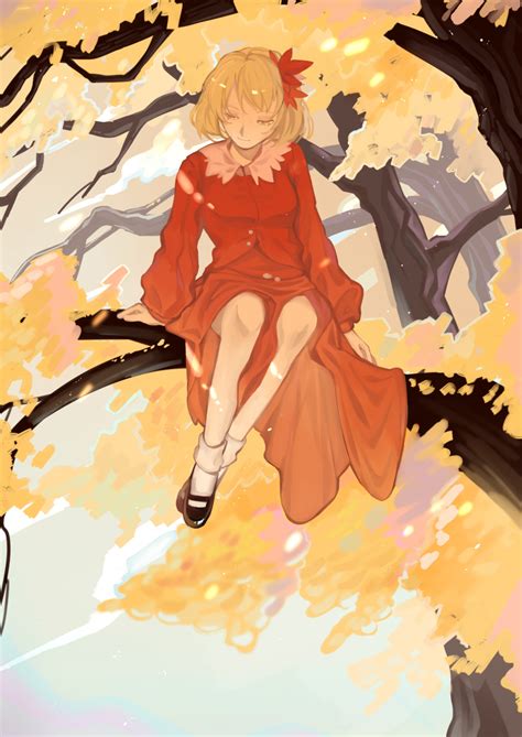 Safebooru 1girl Absurdres Aki Shizuha Arm Support Arms At Sides Autumn Autumn Leaves Black