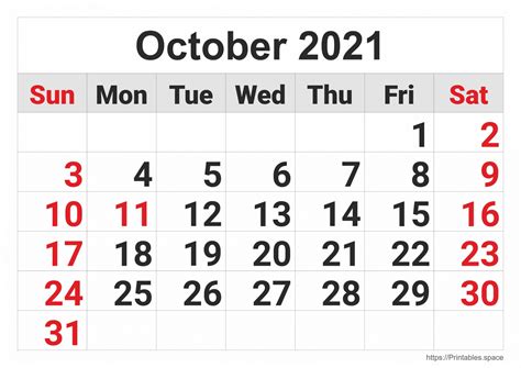 October 2021 Monthly Calendar Free Printables