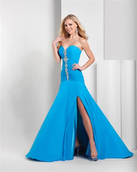 Blue Mermaid Strapless Sweetheart Lace Up Side Slit Sweep Train Floor Length Prom Dresses With