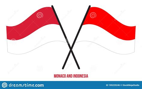 Monaco And Indonesia Flags Crossed And Waving Flat Style Official