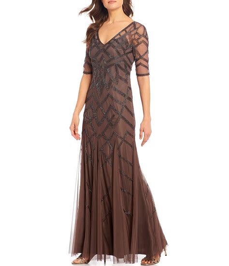adrianna papell illusion sleeve beaded mesh godet detail gown dark mink 2 in 2020 gowns