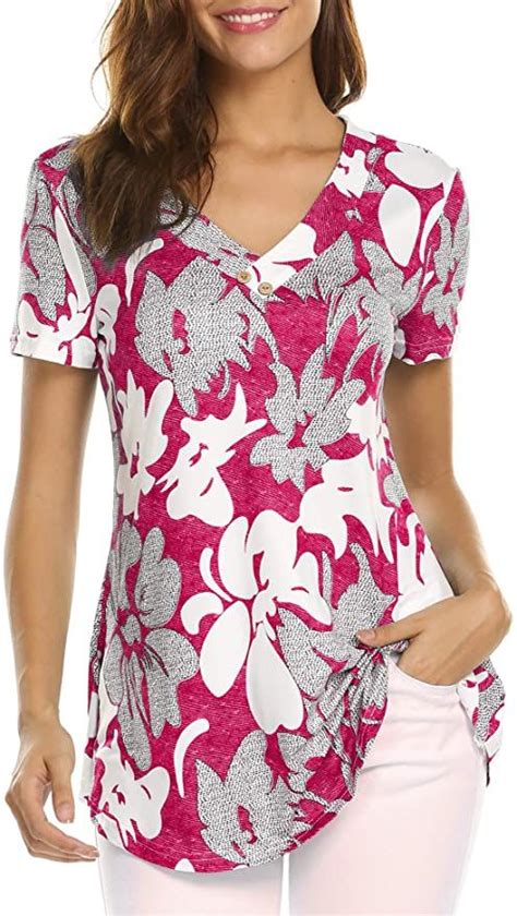 Sweetnight Womens Summer Short Sleeve Floral Print Tunic Tops Loose