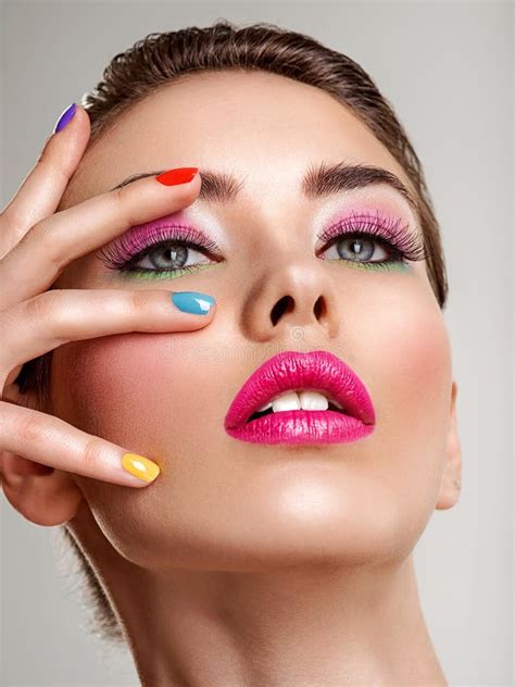 Beautiful Fashion Woman With A Colored Nails Attractive White Girl With Multicolor Manicure