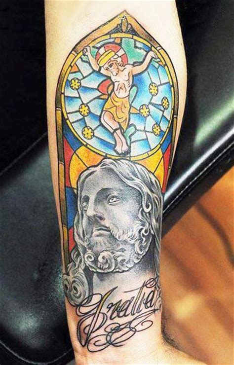 The best tattoo models, designs, quotes and ideas for women, men … and even couples. Coloured crucifixion of jesus forearm tattoo - Tattooimages.biz