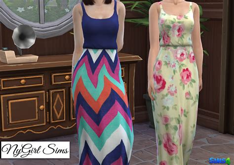 Nygirl Sims 4 Gathered Waist Tank Maxi Dress Prints
