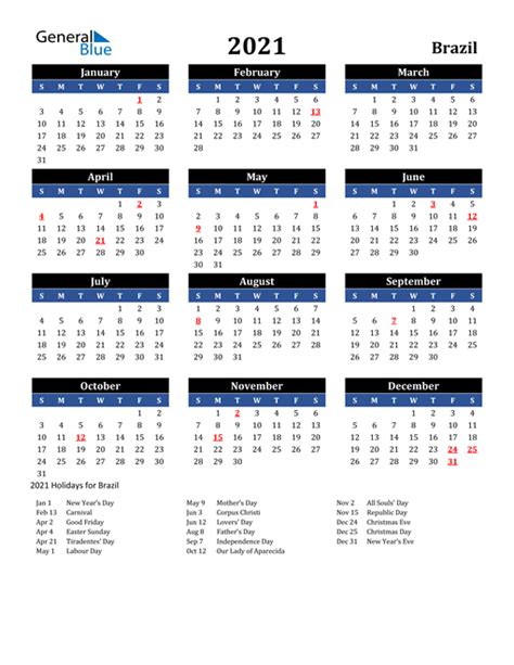 2021 Brazil Calendar With Holidays